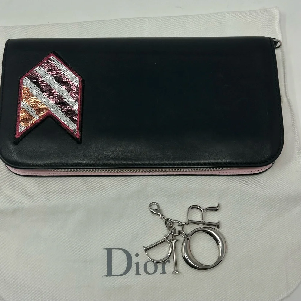 Dior Chevron Sequin Zip Around Long Wallet Black Leather Pink Interior Authentic